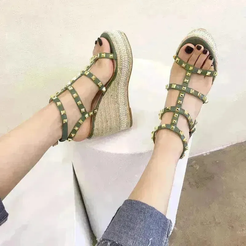 Studded Fashion Roman Style Platform Wedge Heel  Women Sandals.