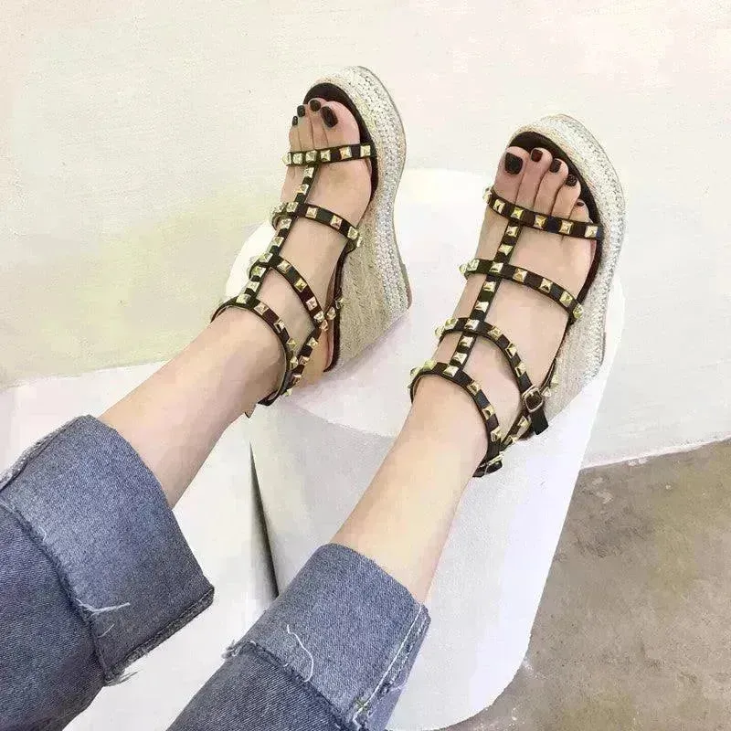 Studded Fashion Roman Style Platform Wedge Heel  Women Sandals.