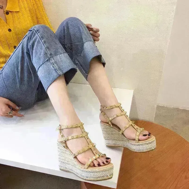 Studded Fashion Roman Style Platform Wedge Heel  Women Sandals.
