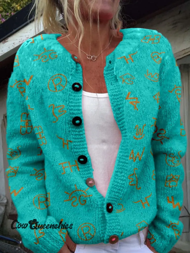 Western Cattle Brands Print Buttoned Cardigan Sweater