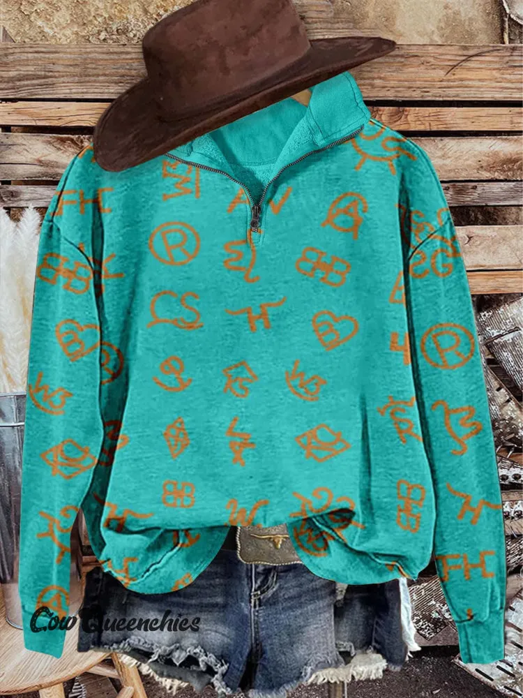 Western Cattle Brands Print Casual Long Sleeve Zip Sweatshirt