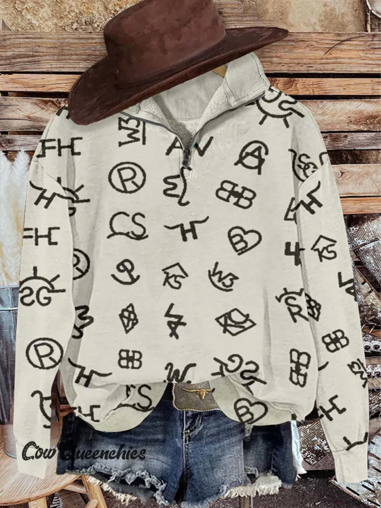 Western Cattle Brands Print Casual Long Sleeve Zip Sweatshirt