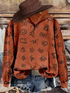 Western Cattle Brands Print Casual Long Sleeve Zip Sweatshirt