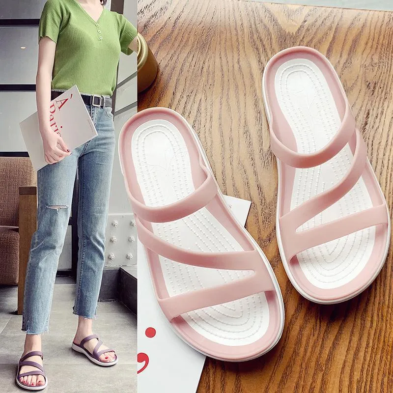 Women summer beach peep toe hollow breathable slide flat sandals