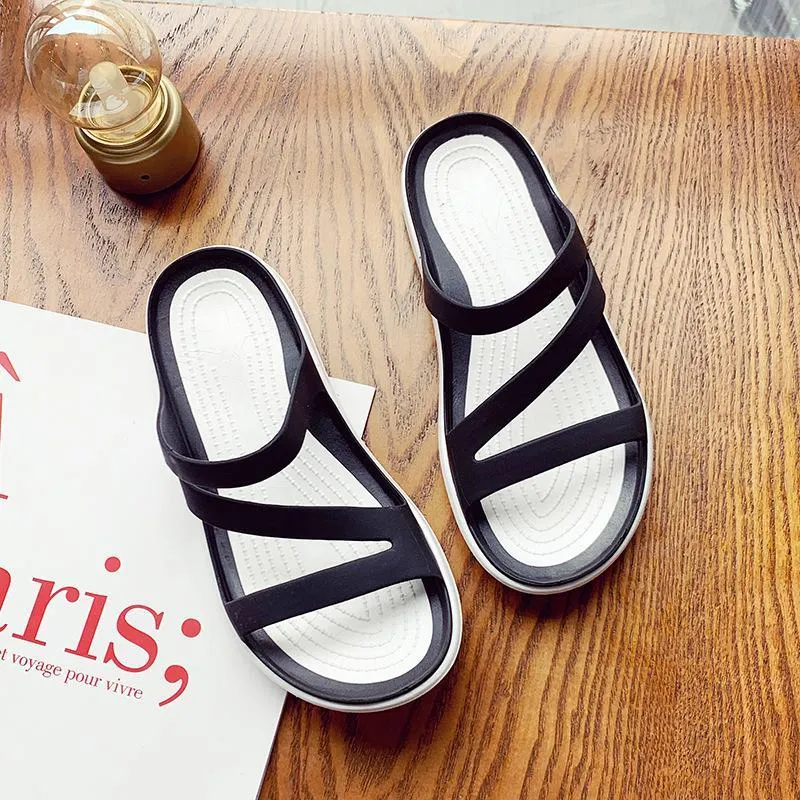 Women summer beach peep toe hollow breathable slide flat sandals