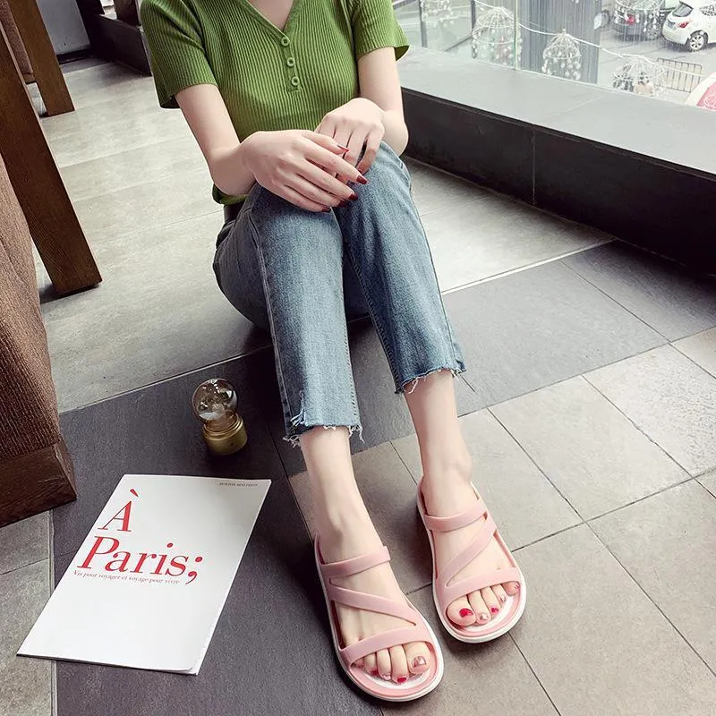 Women summer beach peep toe hollow breathable slide flat sandals