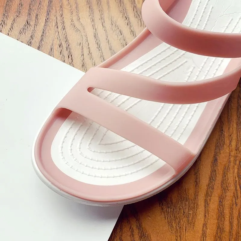 Women summer beach peep toe hollow breathable slide flat sandals