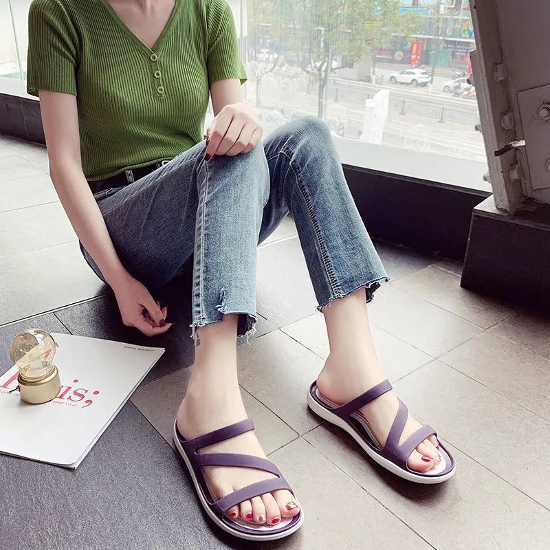 Women summer beach peep toe hollow breathable slide flat sandals