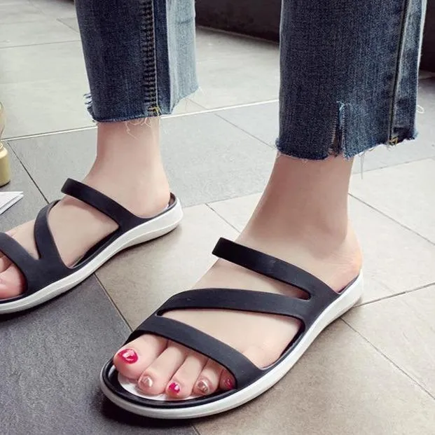 Women summer beach peep toe hollow breathable slide flat sandals