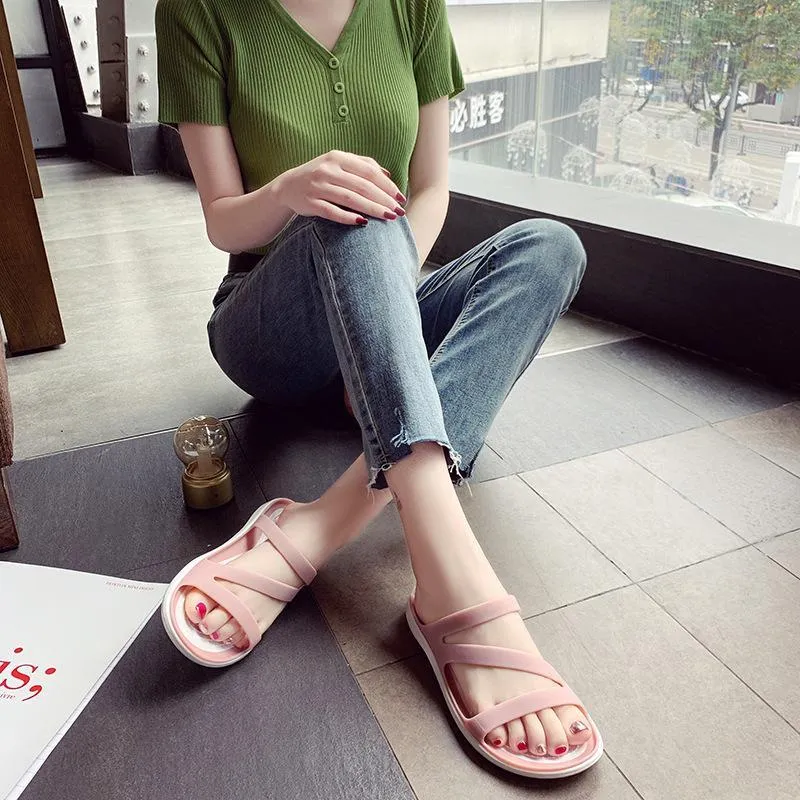 Women summer beach peep toe hollow breathable slide flat sandals