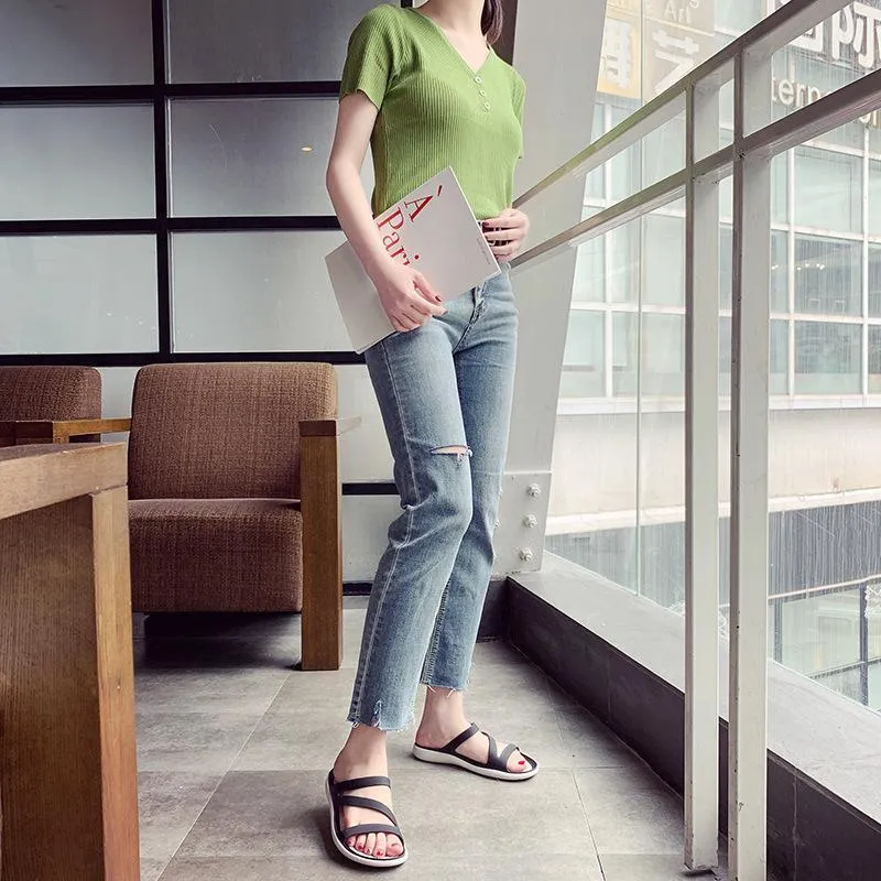 Women summer beach peep toe hollow breathable slide flat sandals