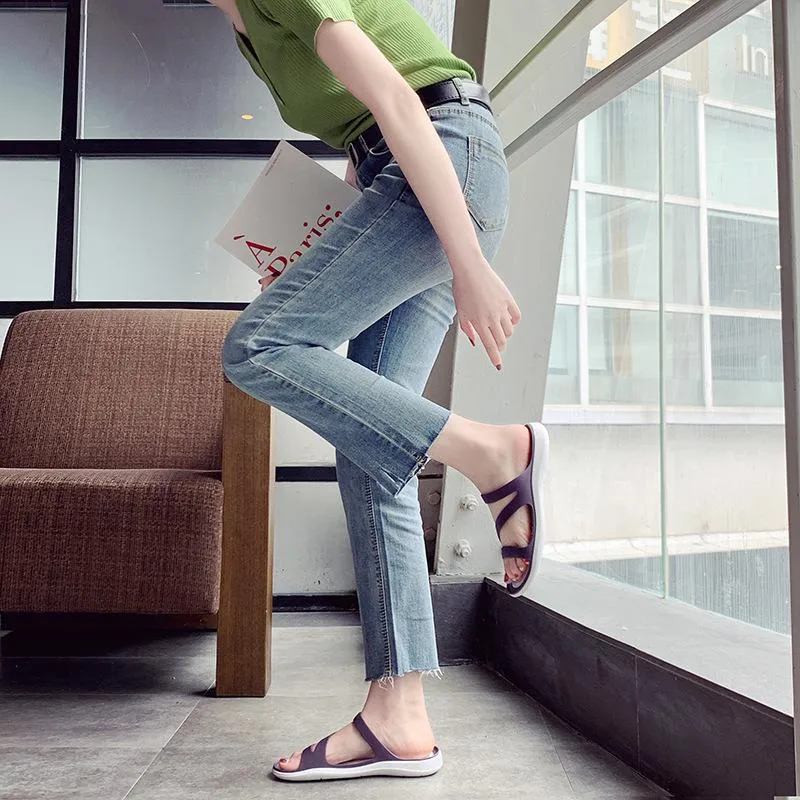 Women summer beach peep toe hollow breathable slide flat sandals