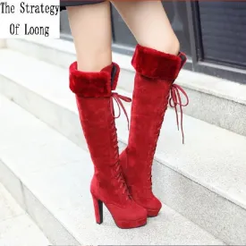 Women Winter Nubuck Leather Thick High Heel  Round Toe Lace Up Fashion Over The Knee Boots