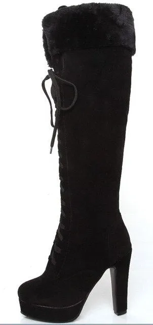 Women Winter Nubuck Leather Thick High Heel  Round Toe Lace Up Fashion Over The Knee Boots