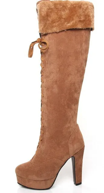 Women Winter Nubuck Leather Thick High Heel  Round Toe Lace Up Fashion Over The Knee Boots