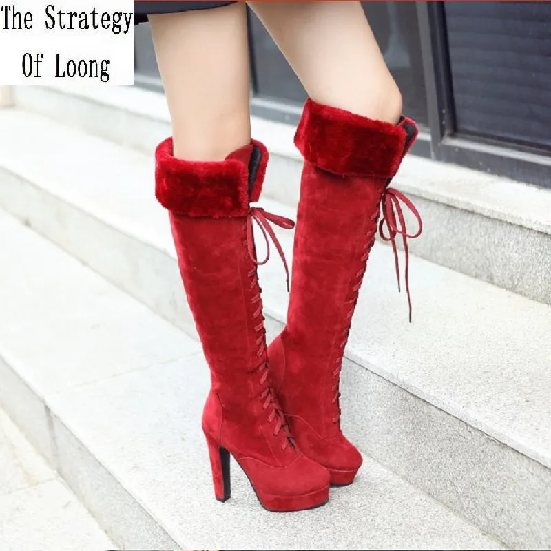 Women Winter Nubuck Leather Thick High Heel  Round Toe Lace Up Fashion Over The Knee Boots