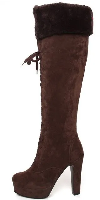 Women Winter Nubuck Leather Thick High Heel  Round Toe Lace Up Fashion Over The Knee Boots