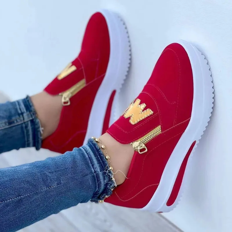 Womens Low-Top Sneakers  Suede Upper  Side Zipper  Thick Sole  Casual Fit