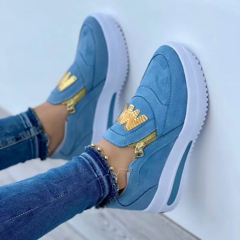 Womens Low-Top Sneakers  Suede Upper  Side Zipper  Thick Sole  Casual Fit