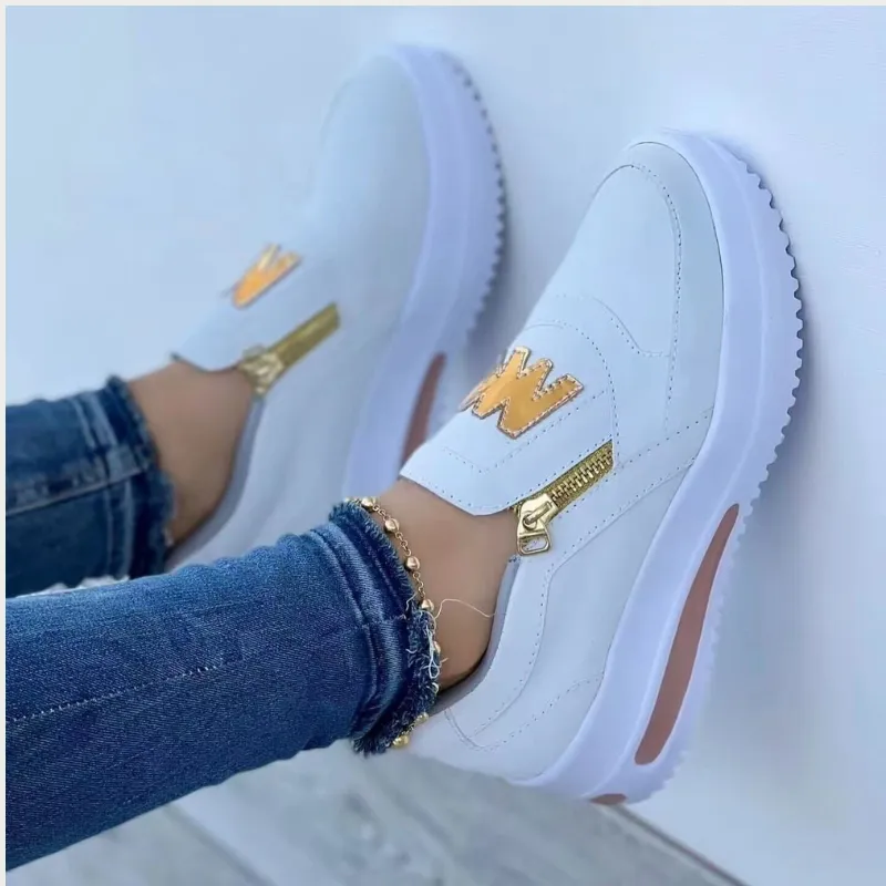 Womens Low-Top Sneakers  Suede Upper  Side Zipper  Thick Sole  Casual Fit